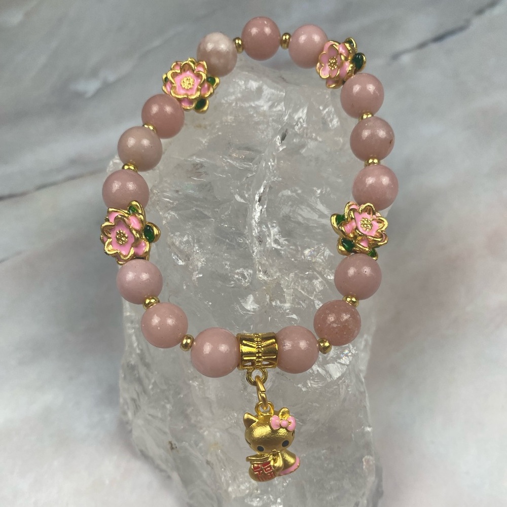 Pink Opal Beaded Bracelet with HK & Gold Accents